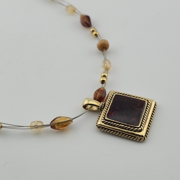 Vintage Gold Tone Pendant Necklace Multi-Strand Wire Beaded Amber Glass Look - Picture 3 of 8